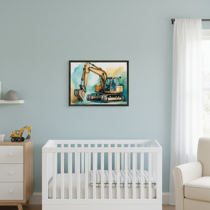 Modern nursery with light blue walls. A white crib is centered, with a wood dresser to its left and a beige armchair to its right. A framed watercolor painting of a yellow excavator hangs above the crib.