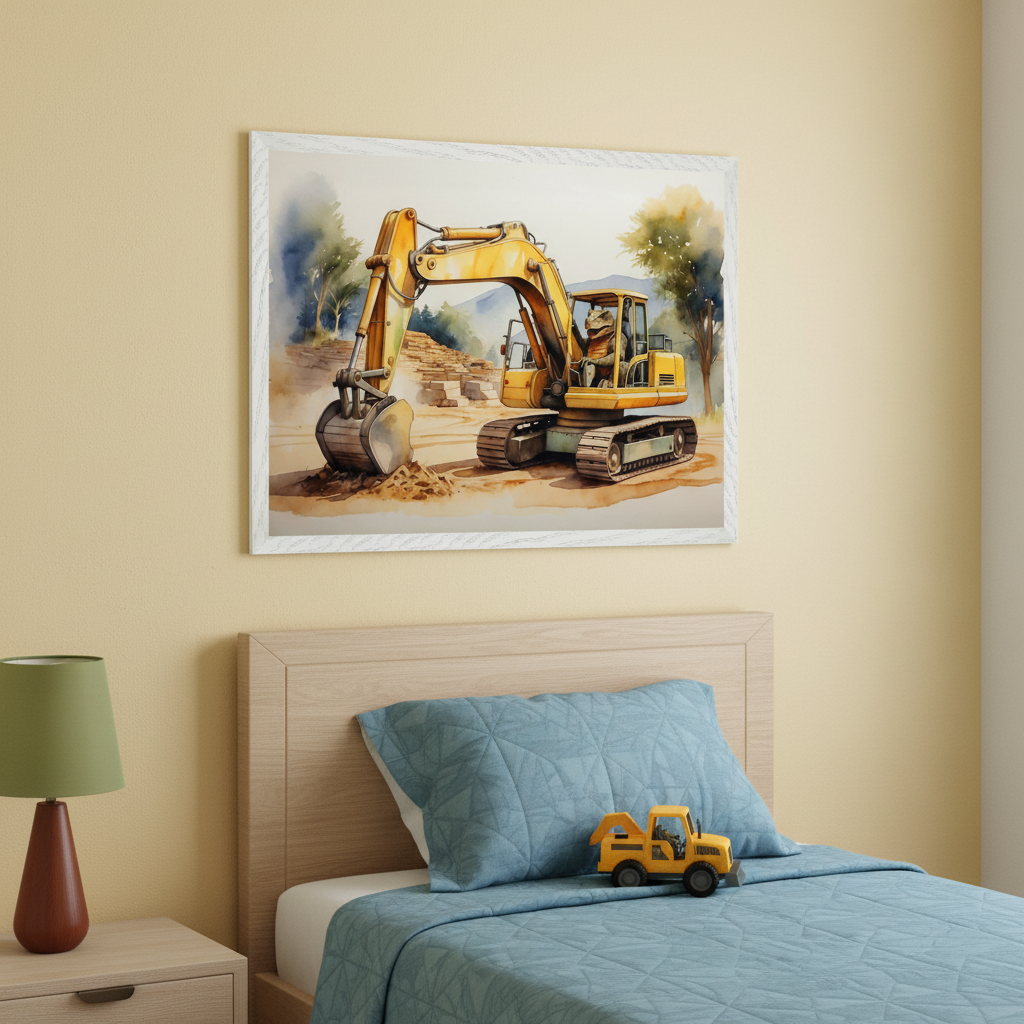Kid's bedroom featuring a wooden bed with blue quilted bedding and a yellow toy truck. A light wood nightstand with a lamp is beside it. Centered above the bed, a framed watercolor painting depicts a yellow excavator with a dinosaur driver at a construction site.