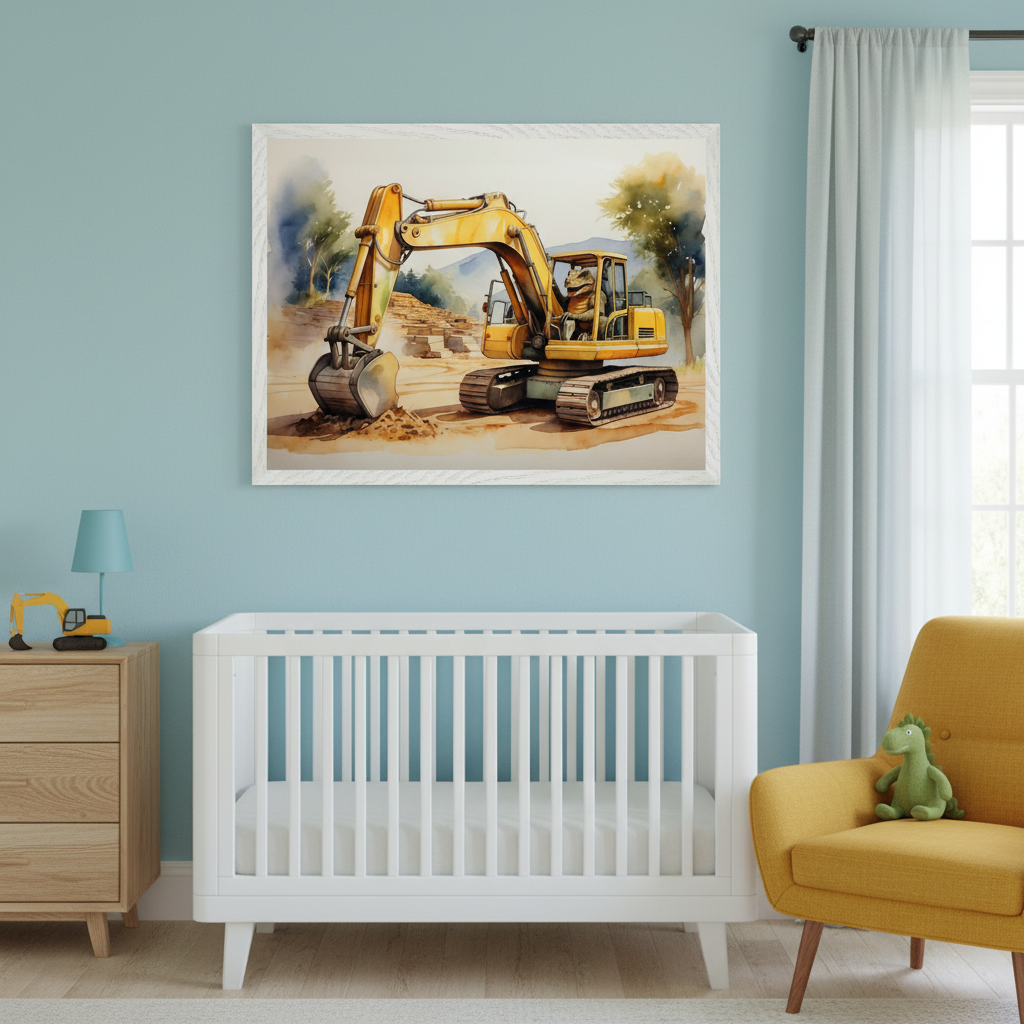 Modern nursery with a light blue wall. A large framed watercolor painting of a yellow excavator with a dinosaur driver hangs centered above a white crib. A light wood dresser is to the left, and a yellow armchair with a green dinosaur plush is to the right.