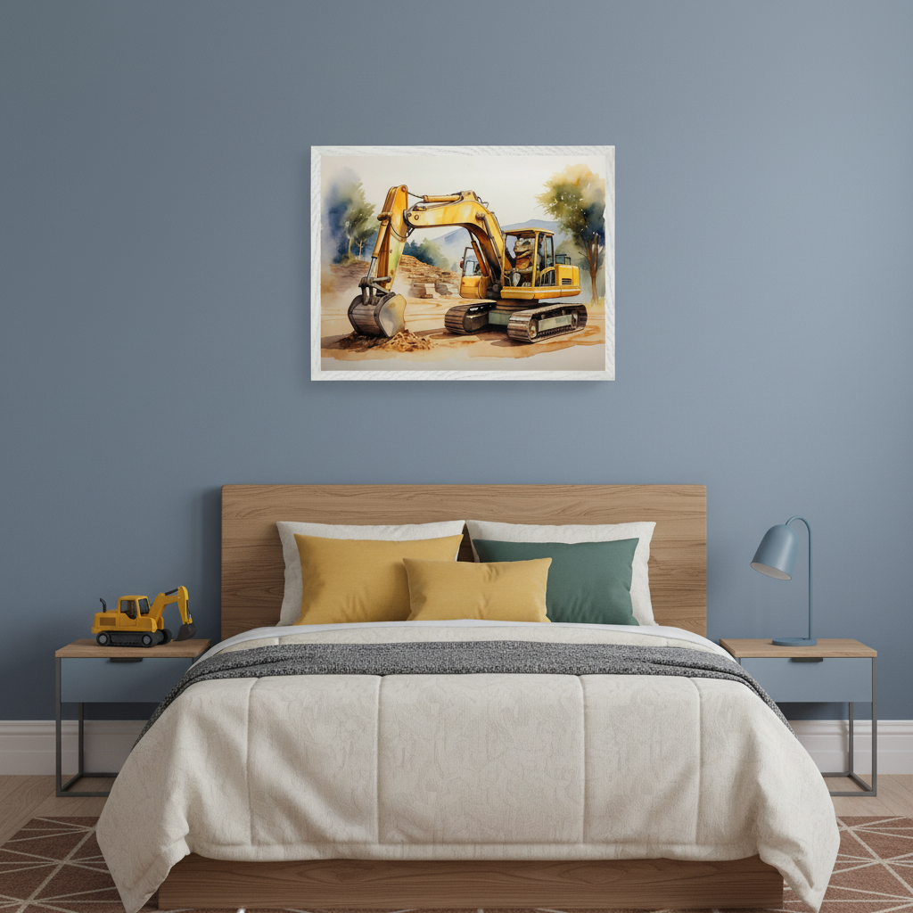 Kid's bedroom with a wooden bed and blue walls. A framed watercolor-style illustration of a yellow excavator working on a construction site hangs centered above the bed.
