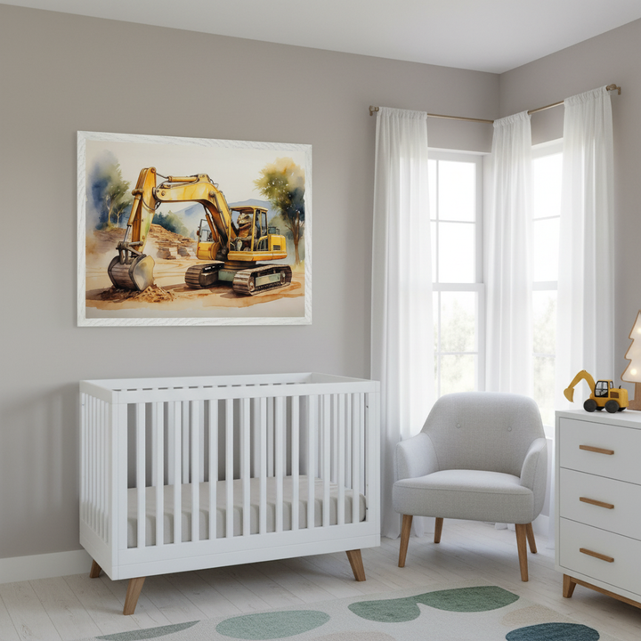 Modern nursery with a white crib, gray armchair, and white dresser. A large framed watercolor of a yellow excavator digging dirt hangs above the crib.