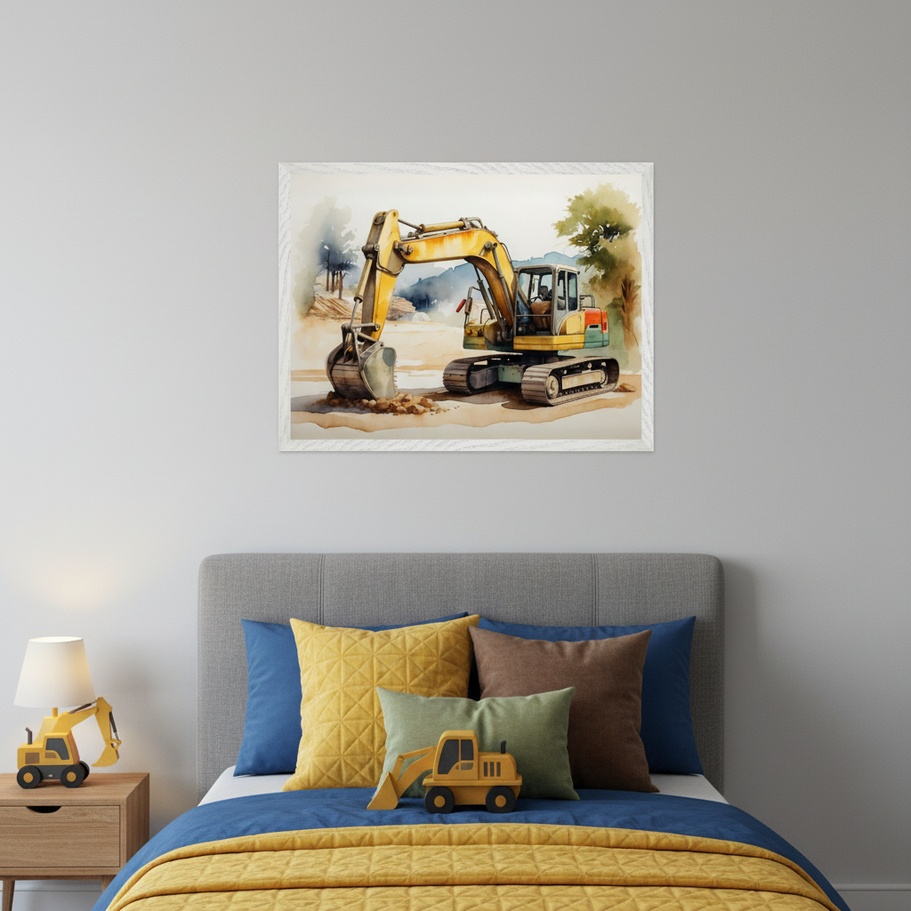 Kid's bedroom with a gray upholstered bed, blue and yellow bedding, and a wooden nightstand. A framed watercolor print of a yellow excavator digging in dirt hangs centered above the bed.