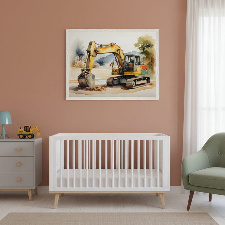 Modern nursery with a white crib, gray dresser, and green armchair. A large framed watercolor of a yellow excavator digging hangs centered above the crib on a terracotta wall.