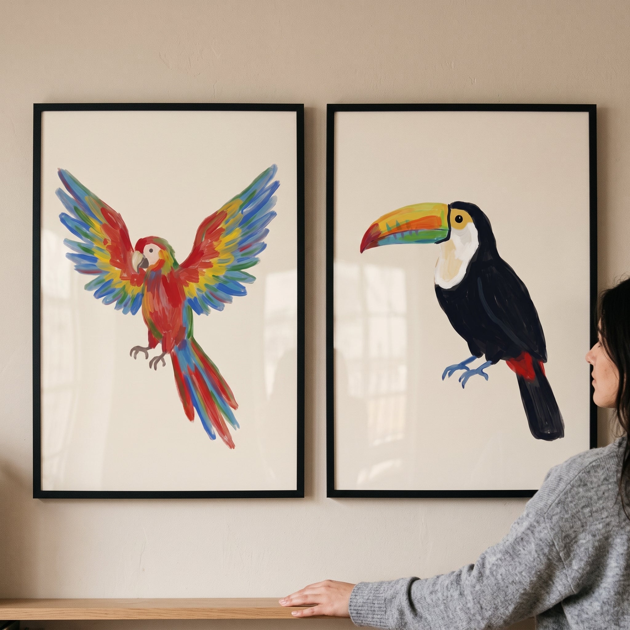 Exotic Jungle Bird Wall Art Set of 2 - Vibrant Jungle Pair