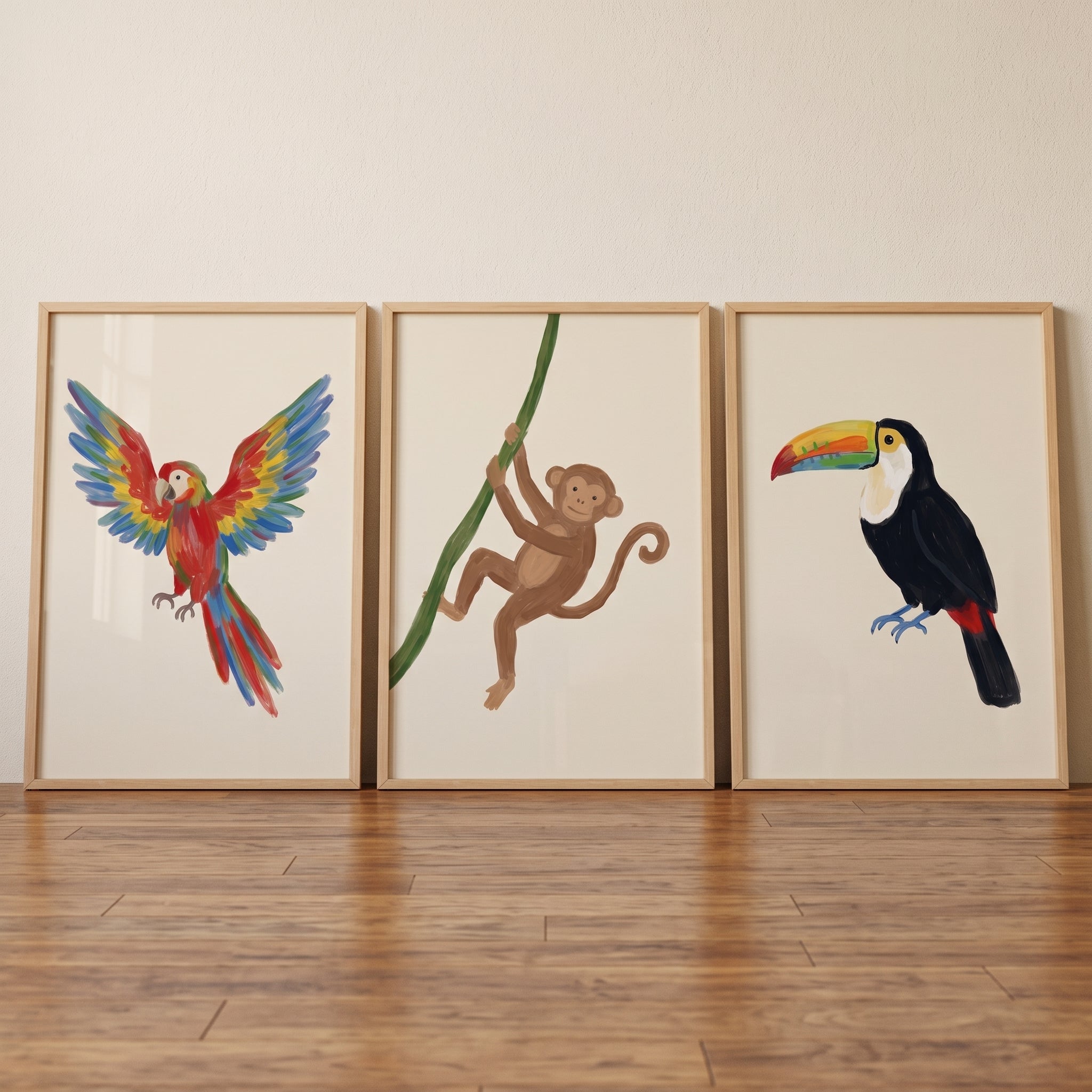 Exotic Tropical Jungle Animal Wall Art Set of 3 - Wild Rainforest Friends
