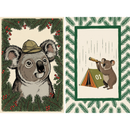 Set of two whimsical wall art prints featuring koalas with an outdoorsy forest theme. One print shows a close up koala wearing a safari hat and framed by pine branches and red berries. The other shows a koala looking through a telescope beside a green tent marked "01" inside a border of pine leaves.

