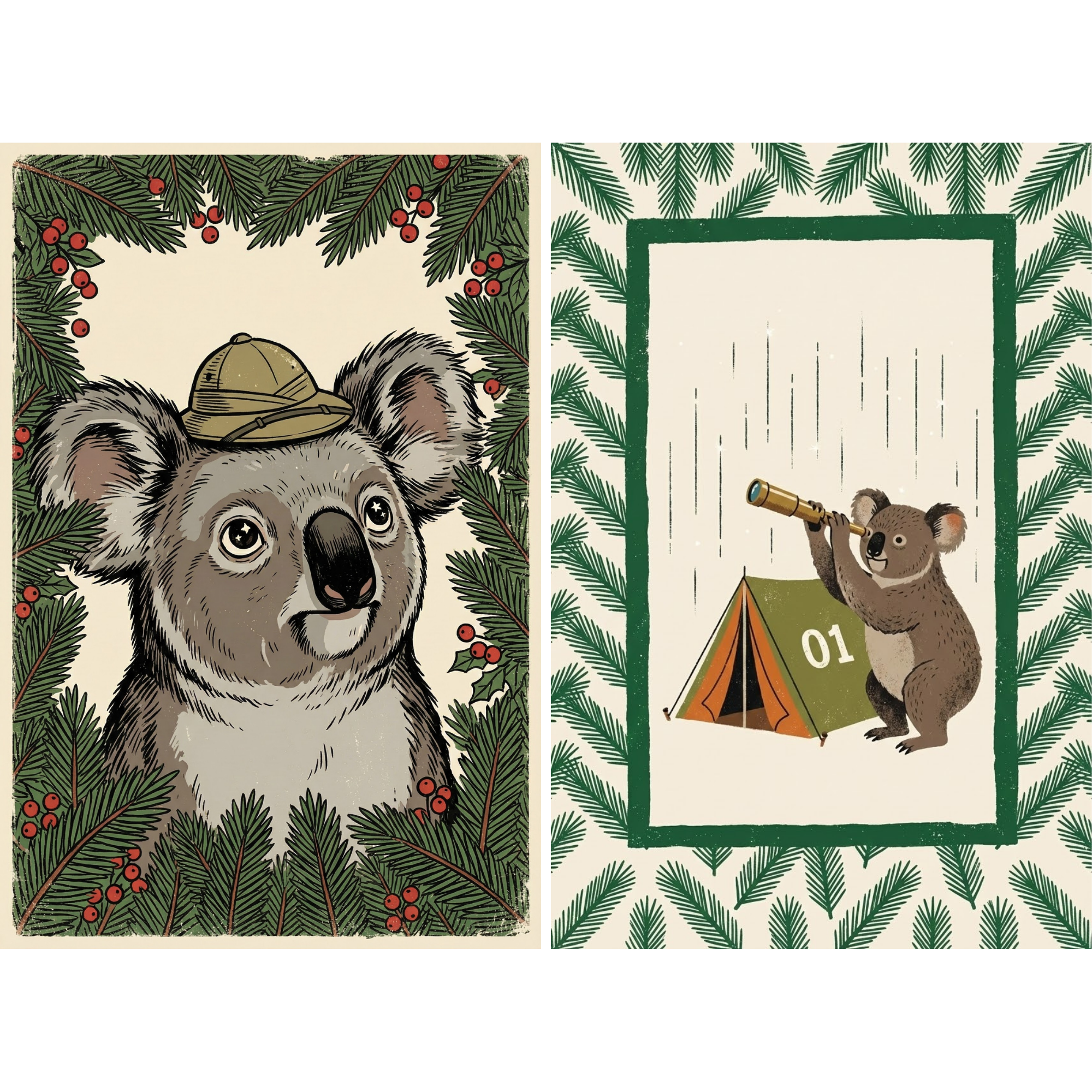 Set of two whimsical wall art prints featuring koalas with an outdoorsy forest theme. One print shows a close up koala wearing a safari hat and framed by pine branches and red berries. The other shows a koala looking through a telescope beside a green tent marked "01" inside a border of pine leaves.
