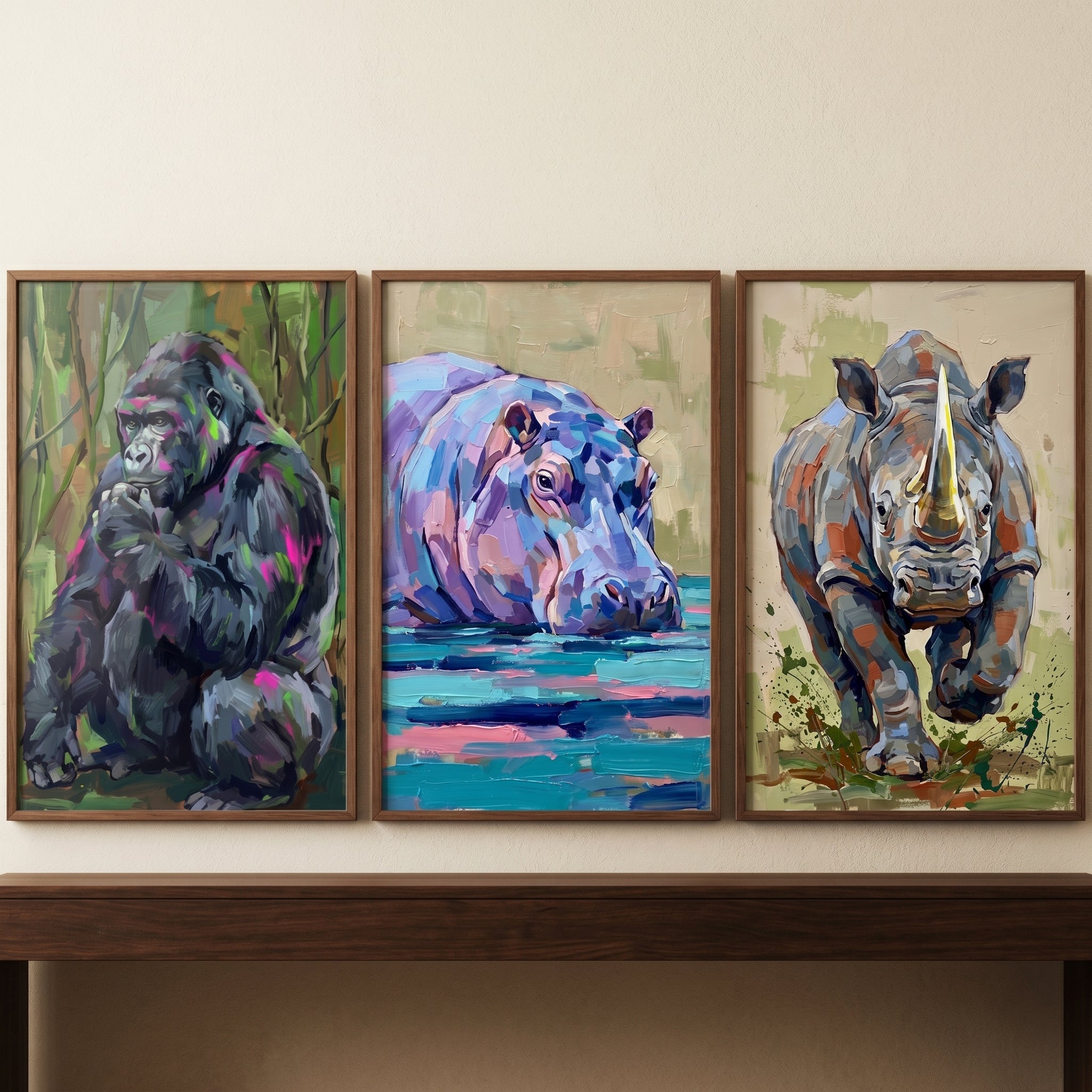 Expressive Impasto Safari Animal Print Set of 3 - Vibrant Wild Portraits