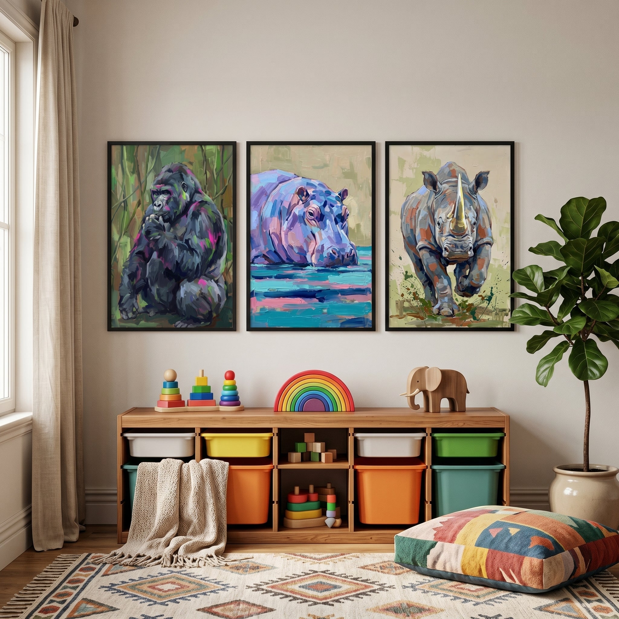 Expressive Impasto Safari Animal Print Set of 3 - Vibrant Wild Portraits