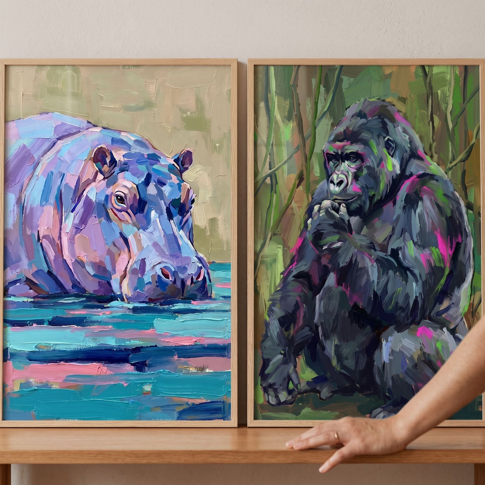 Expressive textured wild animal artwork set of 2 featuring a colorful hippo in water and a gorilla in foliage.