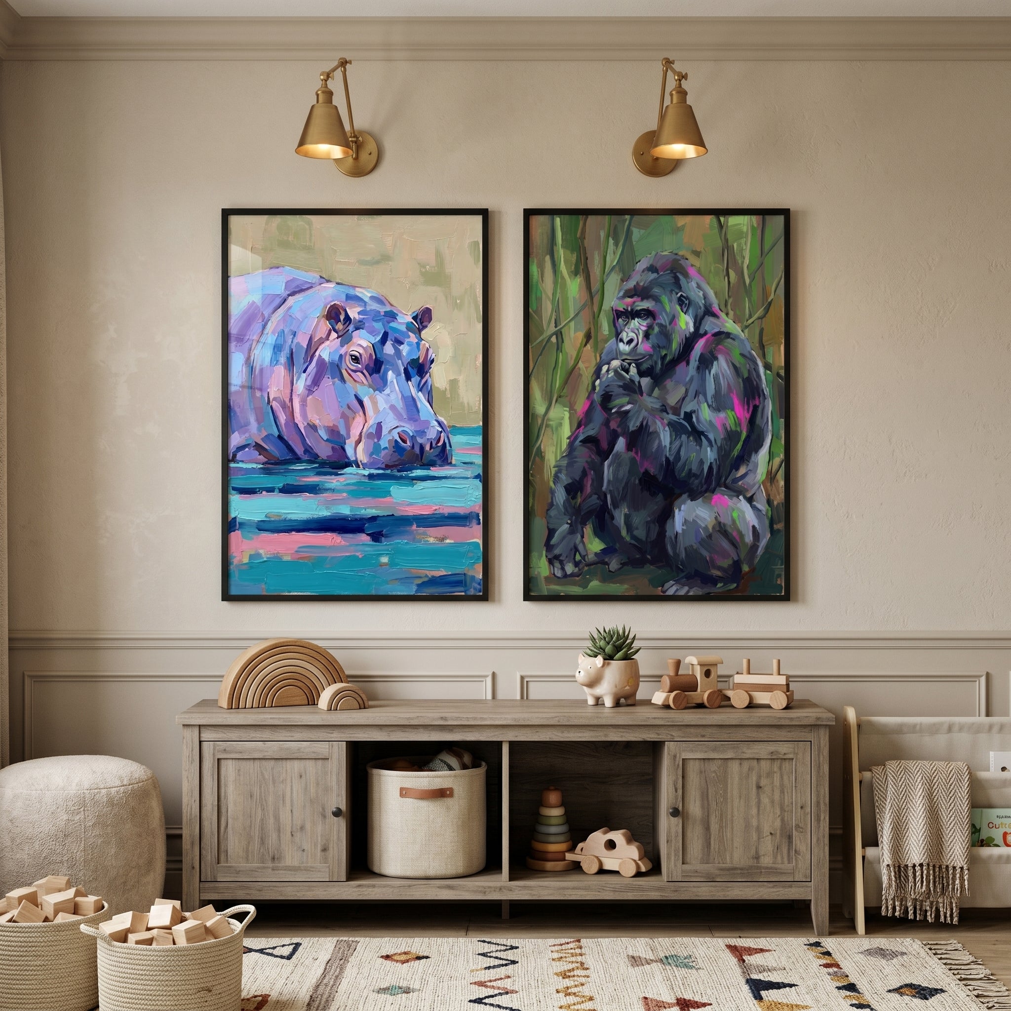 Expressive Textured Wild Animal Artwork Set of 2 - Vibrant Wild Giants