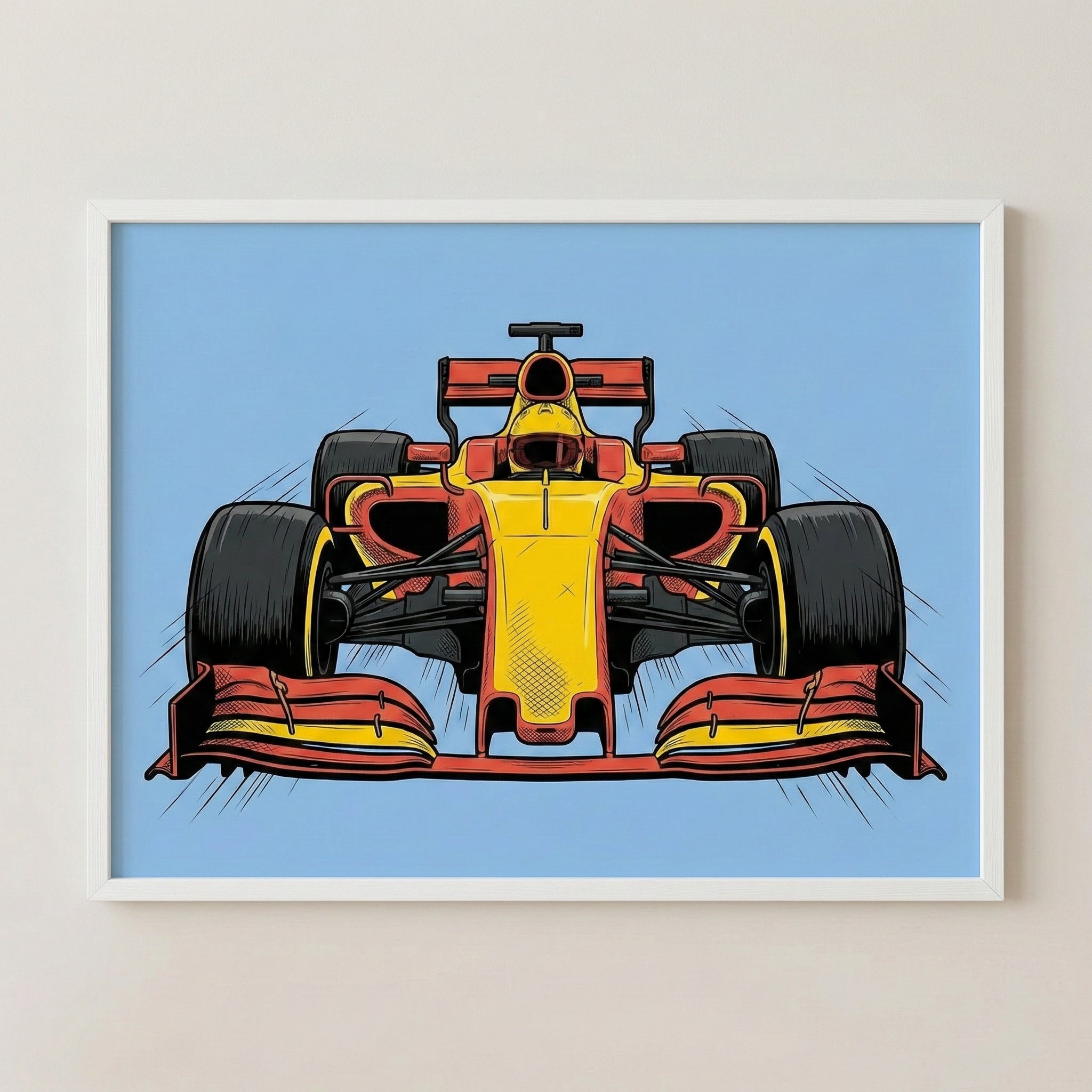 A dynamic front-facing illustration of a red and yellow Formula 1 race car set against a light blue background. Bold lines and comic-style shading emphasize speed and power.