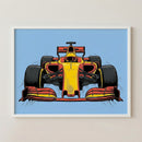 A dynamic front-facing illustration of a red and yellow Formula 1 race car set against a light blue background. Bold lines and comic-style shading emphasize speed and power.
