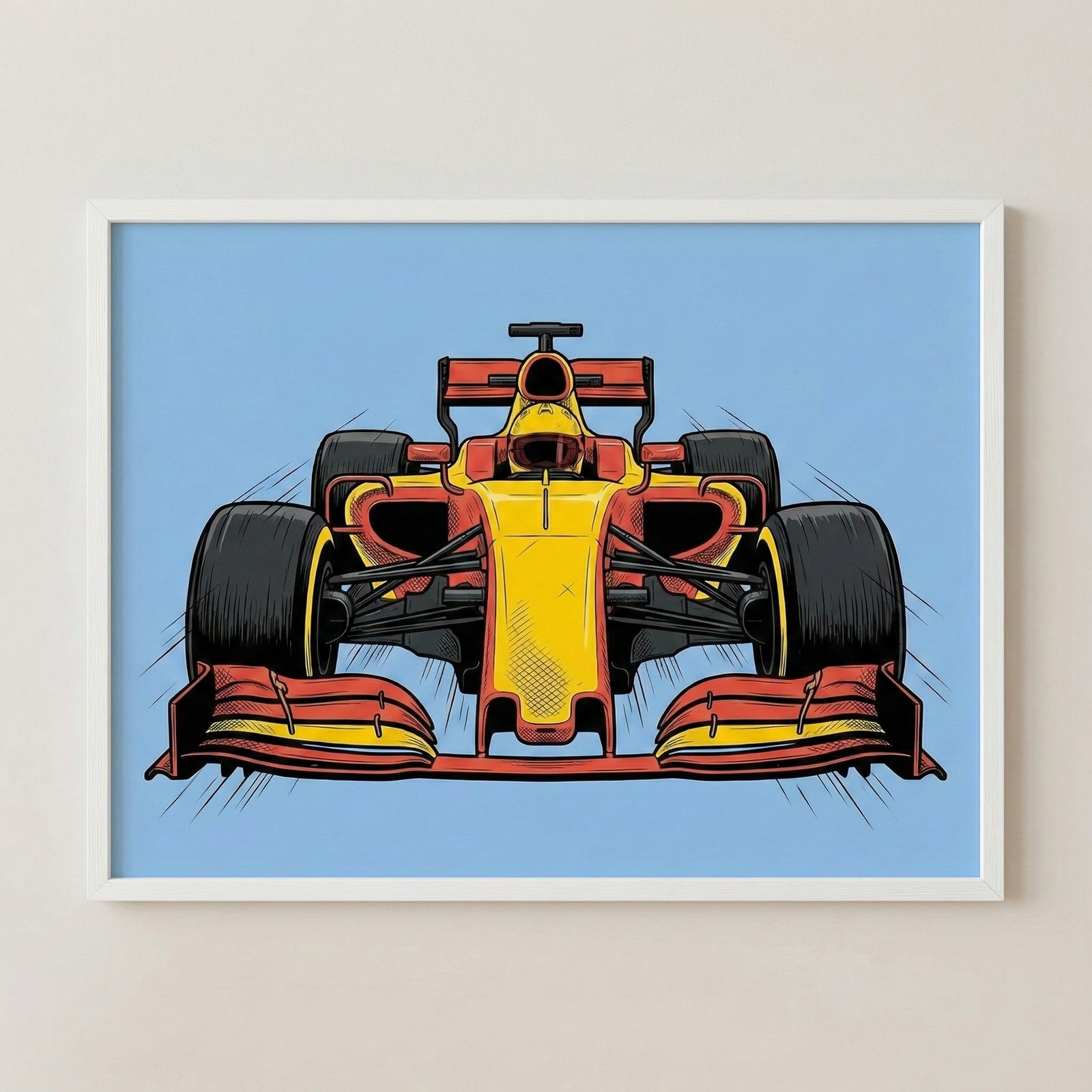 A dynamic front-facing illustration of a red and yellow Formula 1 race car set against a light blue background. Bold lines and comic-style shading emphasize speed and power.