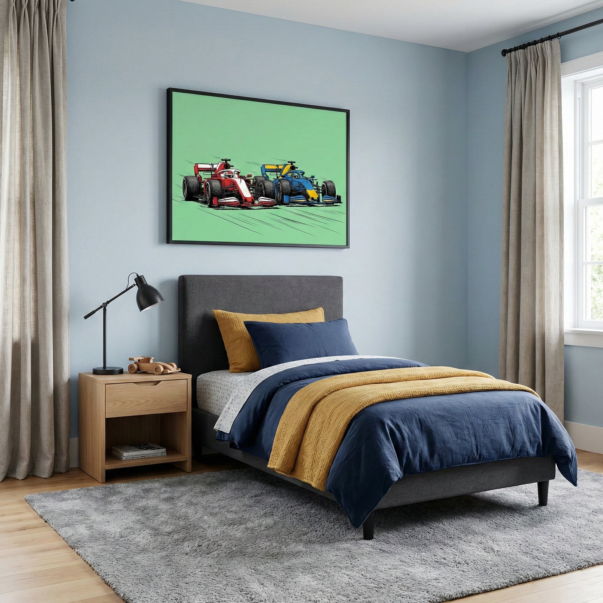 Modern bedroom with a neatly made bed featuring navy and mustard yellow bedding, complemented by a grey upholstered headboard. Above the bed hangs a framed illustration of two Formula 1 cars. One red and white, the other blue and yellow. They are racing side by side on a mint green background, adding a bold and dynamic touch to the calm, neutral-toned room.