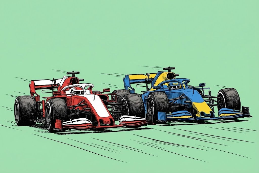 Illustration of two Formula 1 race cars competing side by side on a mint green background. The red and white car and the blue and yellow car are drawn with bold outlines and motion lines, emphasizing speed and rivalry.