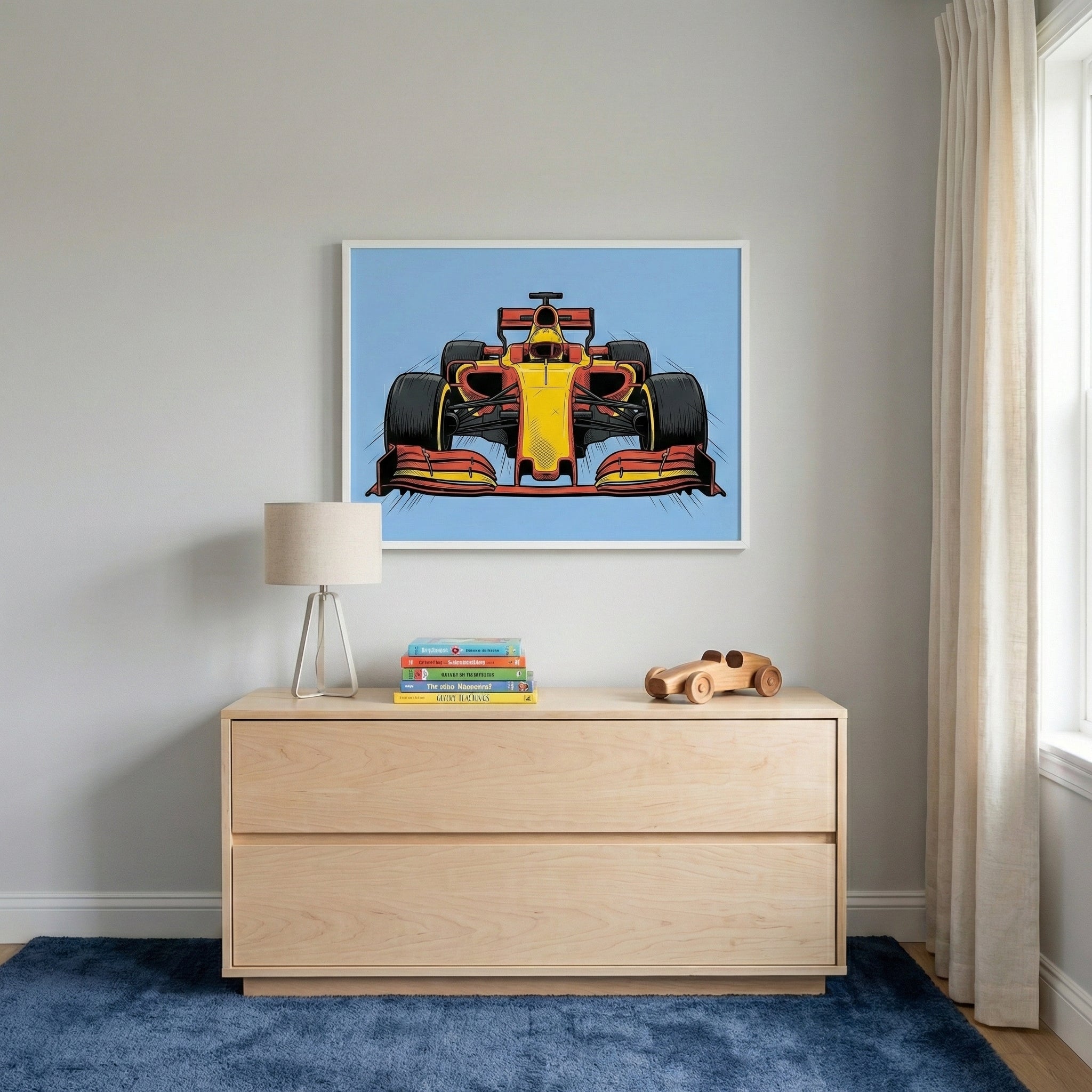 A vibrant Formula 1 car artwork, featuring a head-on view of a red and yellow race car, adds energy to a child’s room. The bold design and bright colors create a sporty contrast with soft neutrals and playful wooden toys.