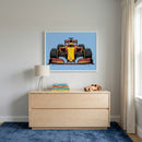 A vibrant Formula 1 car artwork, featuring a head-on view of a red and yellow race car, adds energy to a child’s room. The bold design and bright colors create a sporty contrast with soft neutrals and playful wooden toys.