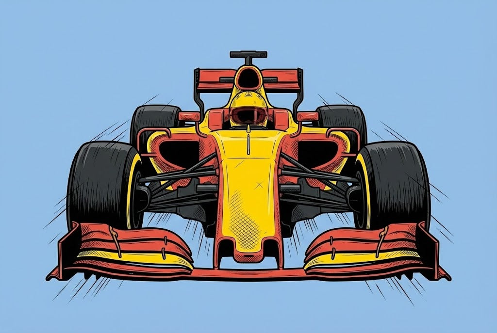 Dynamic illustration of a red and yellow Formula 1 race car viewed head-on, emphasizing its wide stance and aerodynamic design. The light blue background and motion lines add to the sense of speed and power.