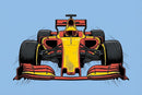 Dynamic illustration of a red and yellow Formula 1 race car viewed head-on, emphasizing its wide stance and aerodynamic design. The light blue background and motion lines add to the sense of speed and power.