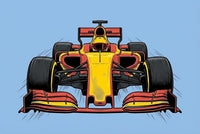 Dynamic illustration of a red and yellow Formula 1 race car viewed head-on, emphasizing its wide stance and aerodynamic design. The light blue background and motion lines add to the sense of speed and power.