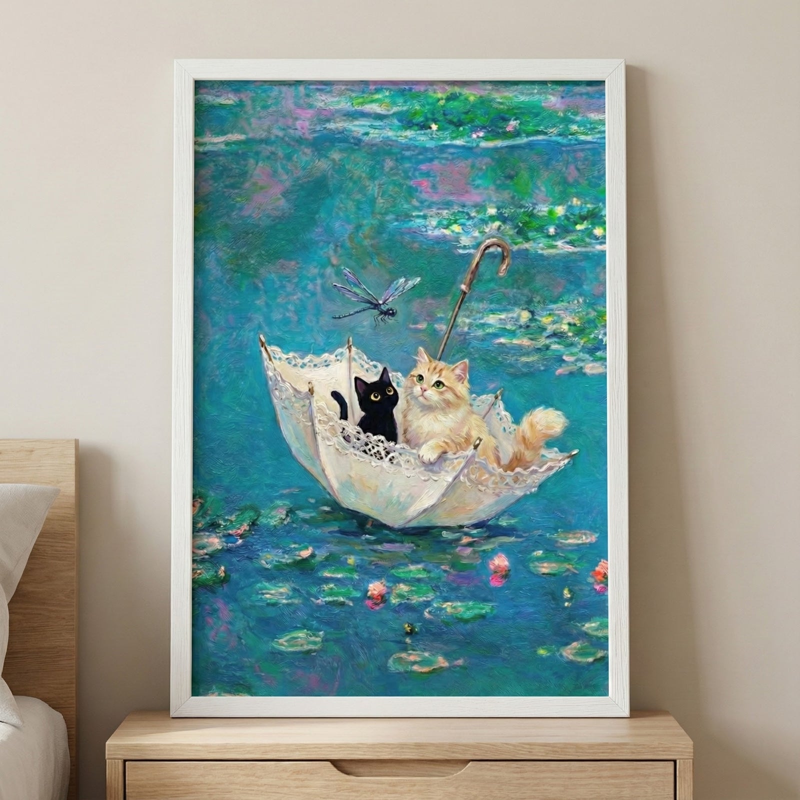 Framed painting of a fluffy orange cat and a black cat sitting inside a lace-trimmed umbrella floating on a pond with lily pads. A dragonfly hovers above the cats, and the water is painted in dreamy blues, purples, and greens.