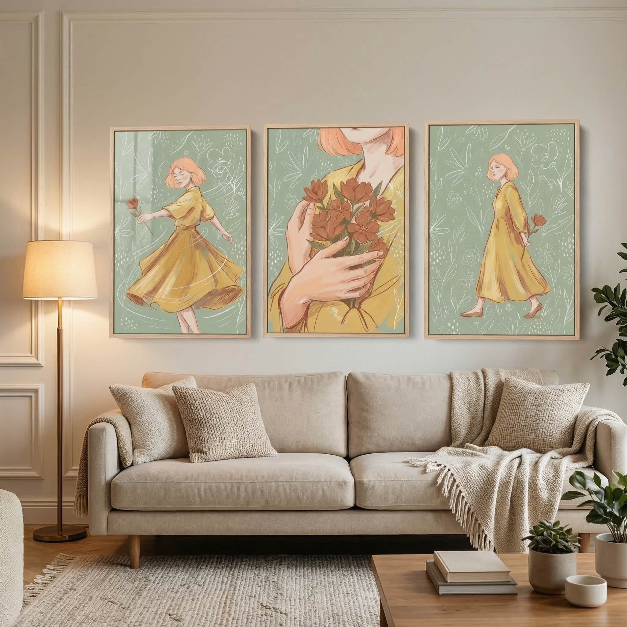 Floral Woman Wall Art Set of 3 - Golden Flower Girl