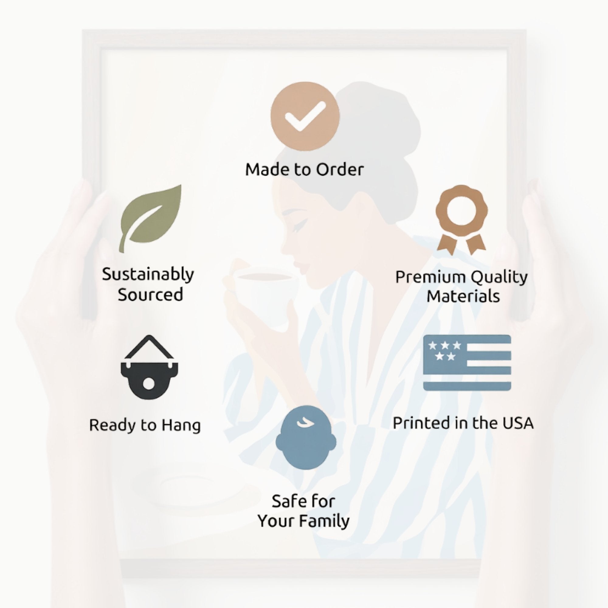 a person holding a framed picture, with text describing the features of the product.