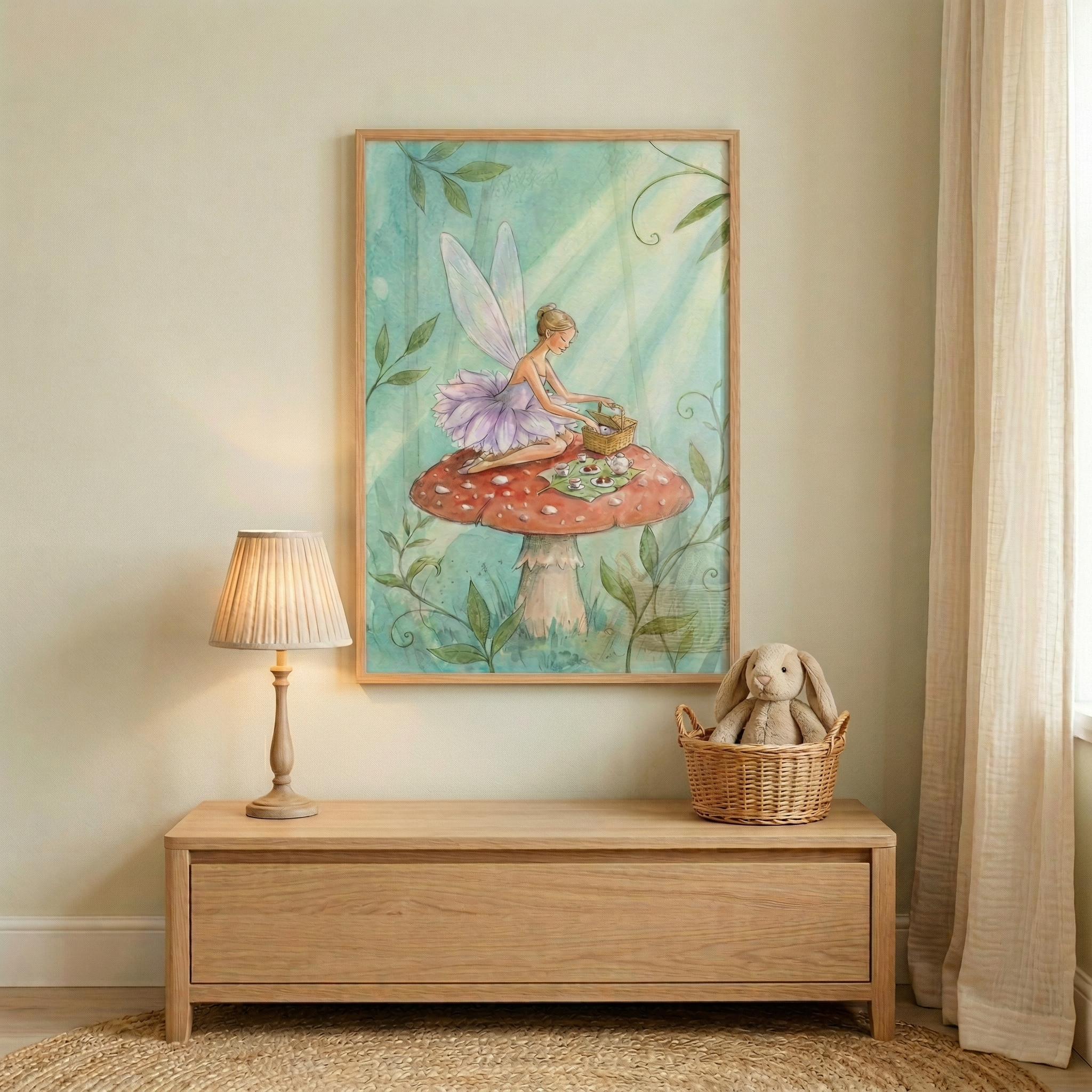 A framed vertical illustration hangs on a light-toned wall, depicting a whimsical scene of a winged sprite. The character, dressed in a soft purple tutu-style dress with delicate translucent wings, is seated on top of a large red toadstool with white spots. She appears to be having a small picnic, with a woven basket and a tiny tea set placed on the mushroom's surface. The background of the artwork is a soft teal color, accented by gentle green vines and rays of warm light filtering through.

