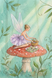 Soft watercolor illustration of a winged fairy in a lavender petal dress kneeling on top of a red spotted mushroom beside a tiny tea set arranged on a green leaf. She reaches into a small picnic basket while pale sunbeams, curling vines, and a dreamy teal forest background give the scene a quiet magical picnic feel.
