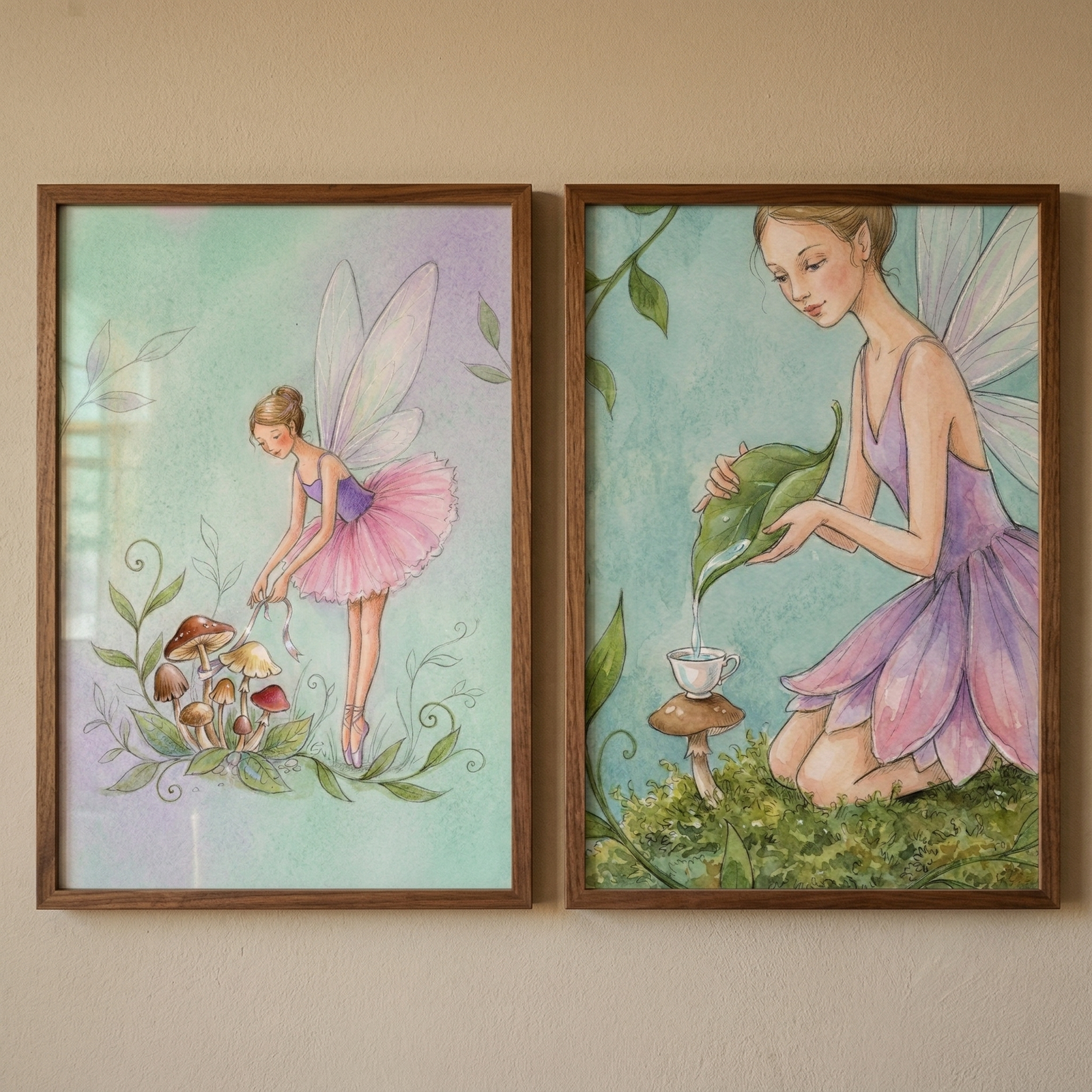 Two dark wood frames hang side-by-side on a neutral wall, displaying whimsical watercolor illustrations of winged figures. The left artwork shows a slender figure in a pink tutu standing near small mushrooms and leafy vines. The right artwork depicts a figure in a purple petal-like dress pouring water from a leaf into a tiny teacup on a mushroom. Both pieces feature soft pastel colors and a delicate, illustrative style.
