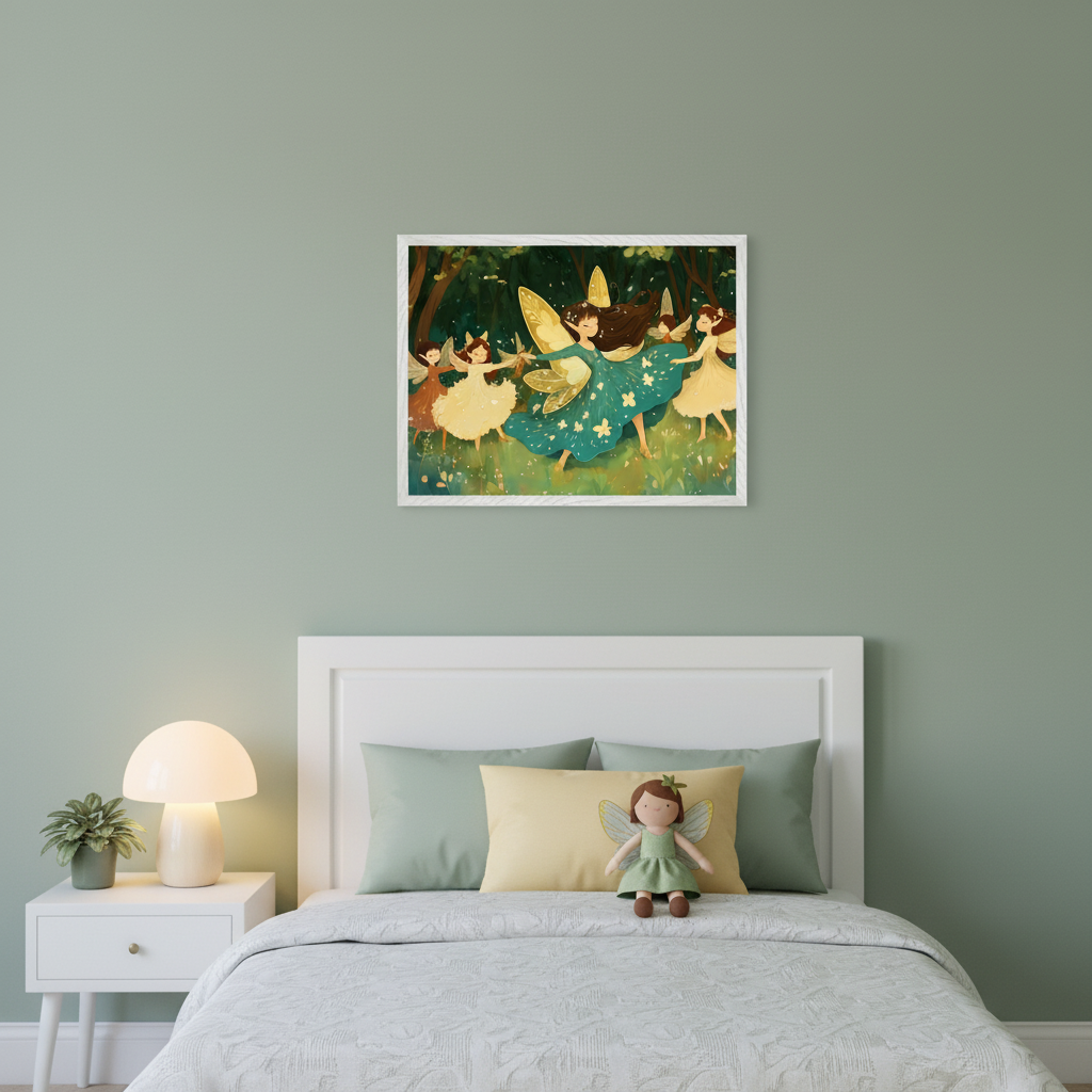 Kid's bedroom with a white bed and nightstand against a sage green wall. A framed illustration of five fairies dancing in a lush forest hangs above the bed. The fairies wear colorful dresses and have wings.