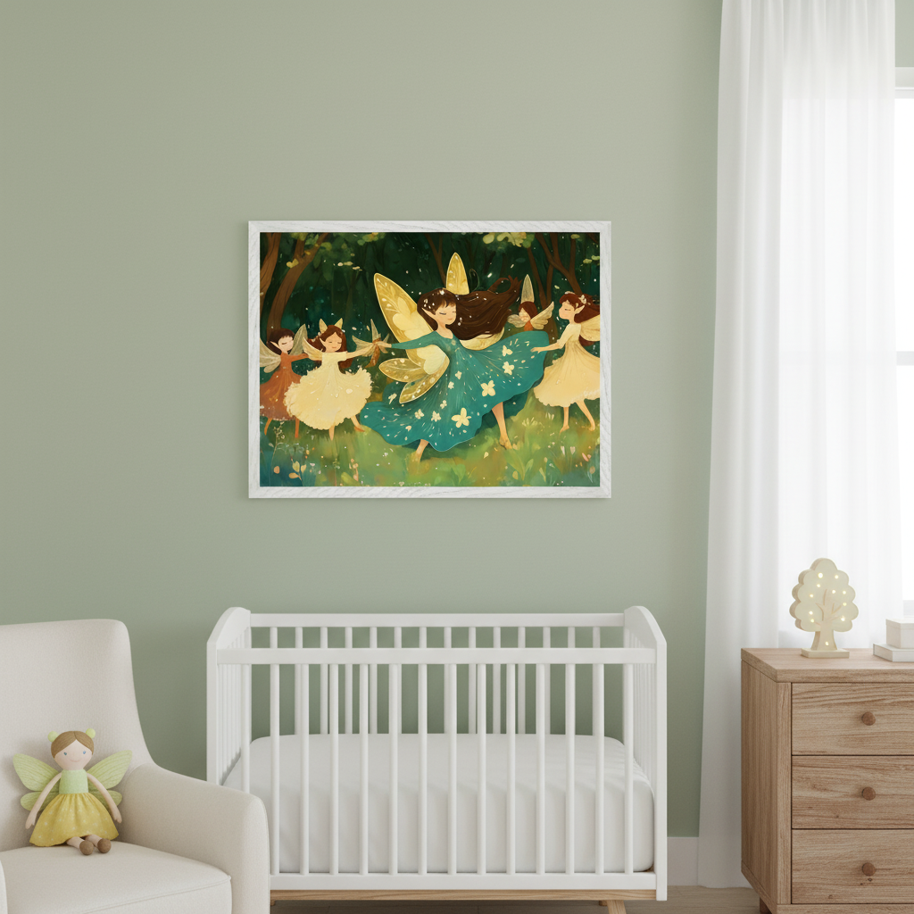 Modern nursery with a sage green wall. A framed illustration of fairies dancing in a forest hangs above a white crib. To the left is a cream armchair with a fairy doll, and to the right is a wooden dresser by a window.