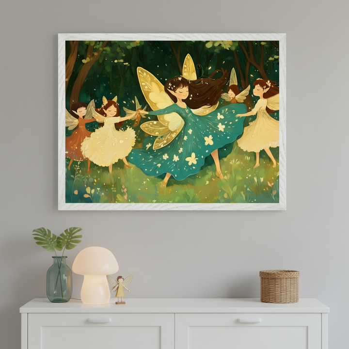 Modern child's room with a white dresser against a gray wall. A large white-framed painting of five cartoon-style fairies dancing in a green forest hangs centered above the dresser.