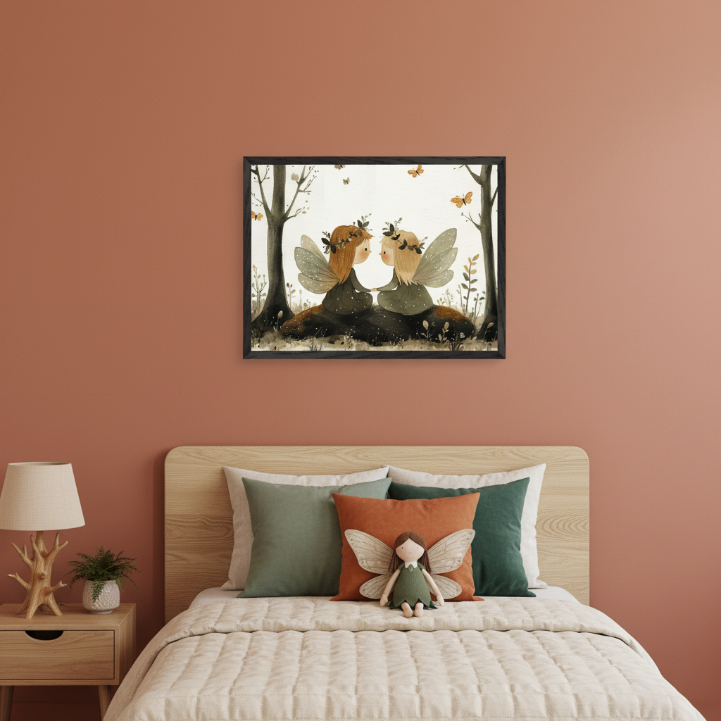 Kid's bedroom with a terracotta wall and a wooden bed. Above the bed, a framed watercolor print shows two fairies with wings in a forest with butterflies. The bed features a light wood headboard, quilted comforter, green and orange pillows, and a fairy doll. A wooden nightstand with a lamp and plant sits left.