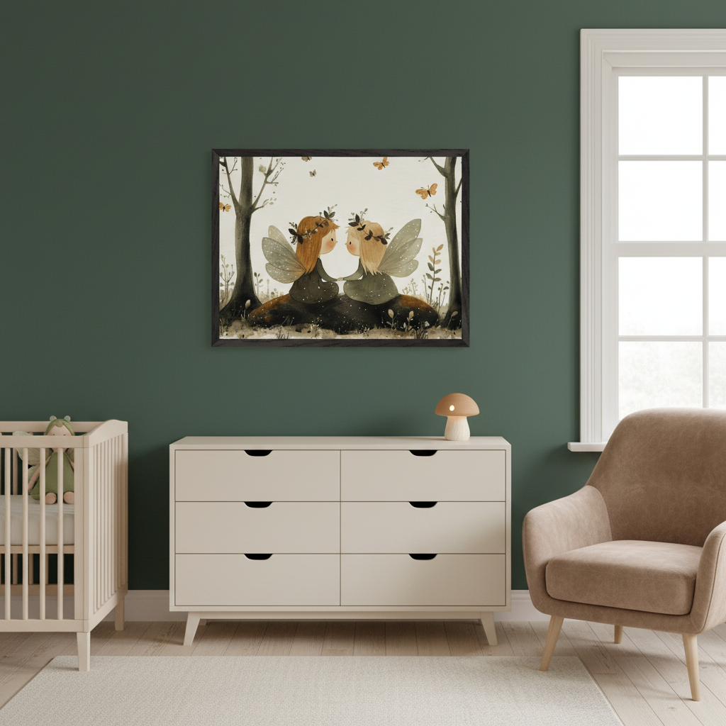 Modern nursery with a white crib, a beige dresser, and an armchair. A framed watercolor-style print of two fairies sitting together with trees and butterflies hangs above the dresser.