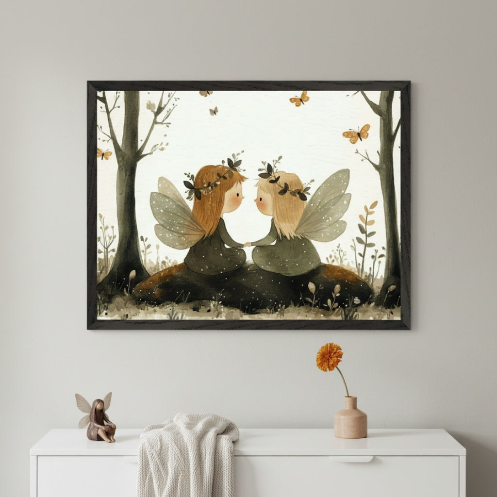 Modern room with a white dresser. A framed watercolor illustration of two winged fairies with leaf crowns sitting in a forest, holding hands, hangs centered above the dresser. Butterflies fly overhead.