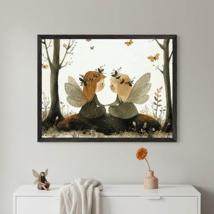 Modern room with a white dresser. A framed watercolor illustration of two winged fairies with leaf crowns sitting in a forest, holding hands, hangs centered above the dresser. Butterflies fly overhead.