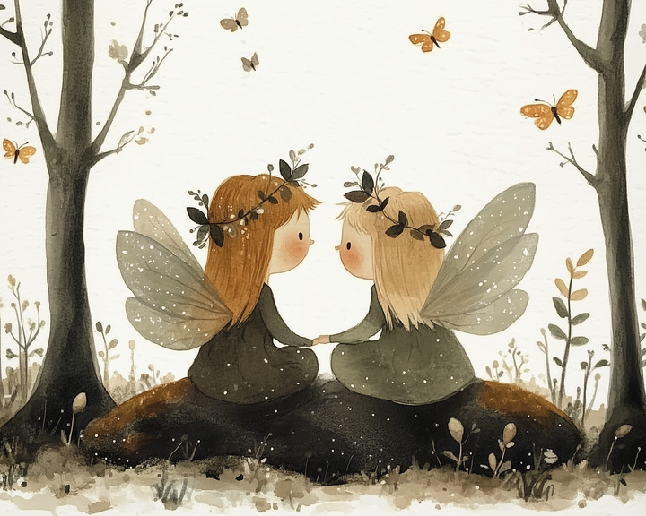 Two whimsical fairies with delicate wings and floral crowns sit on a rock, holding hands in a serene forest setting, surrounded by fluttering butterflies and sparse trees.