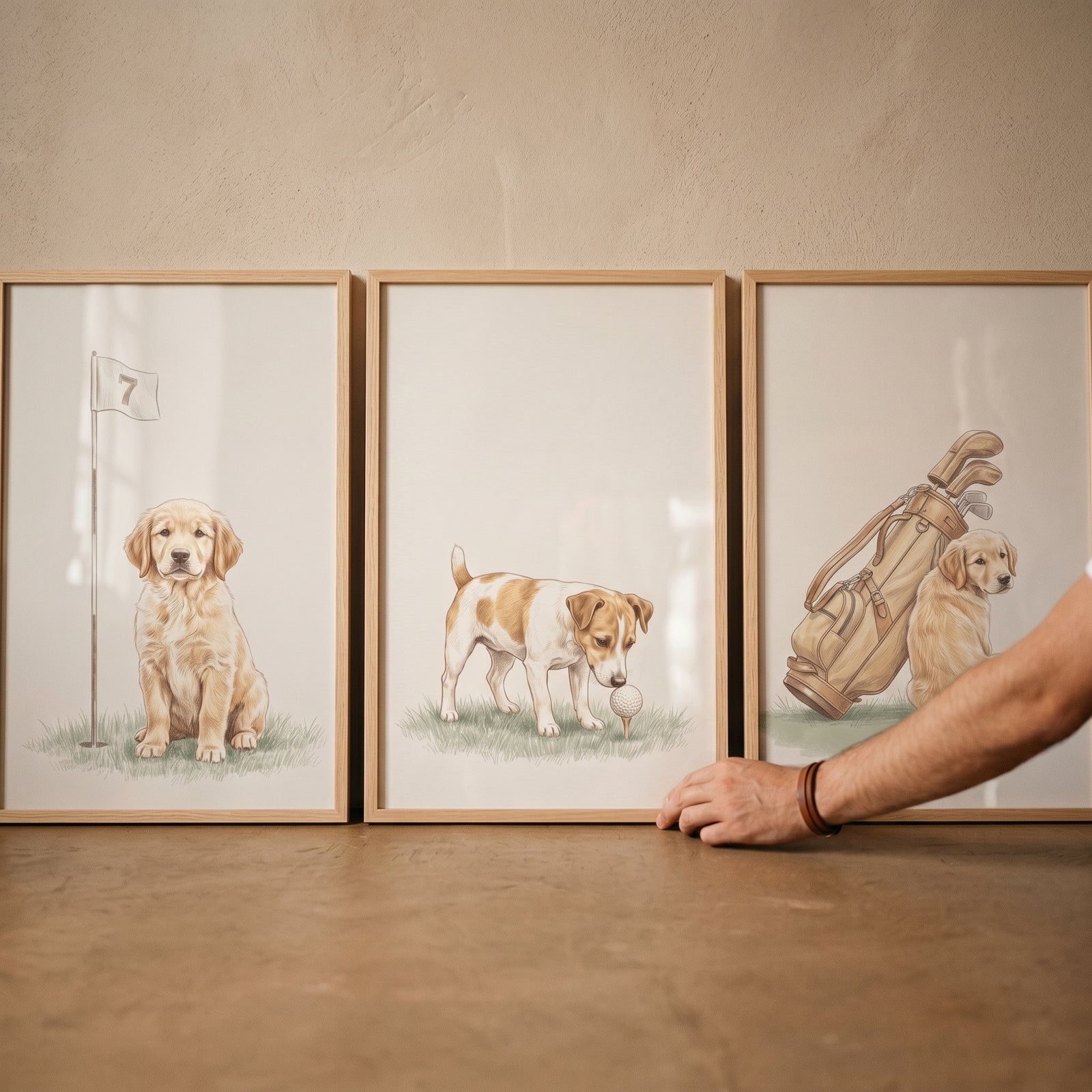 A hand touches a fairway watercolor golfing puppy wall art set of 3 featuring puppies with golf bags and flags.
