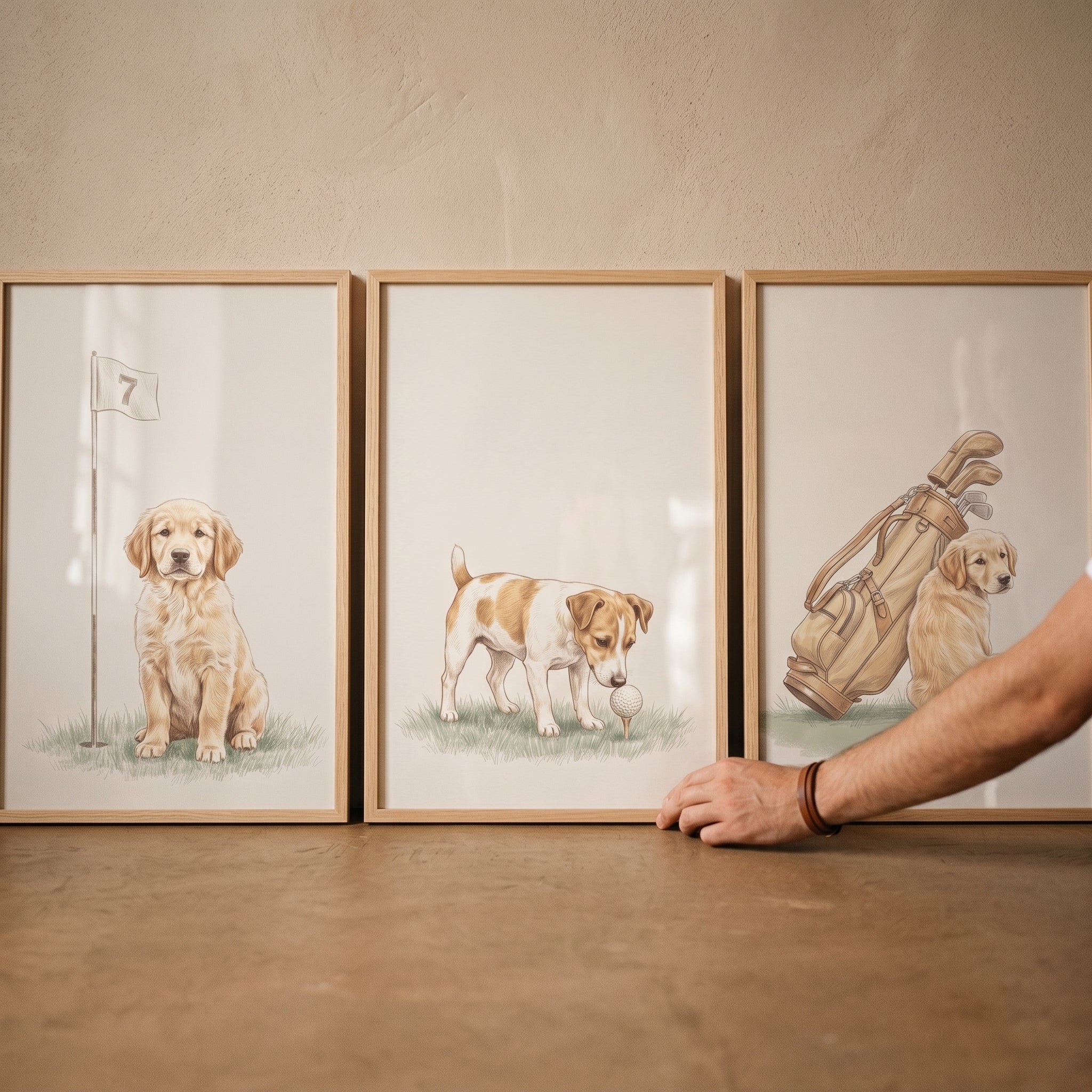 Fairway Watercolor Golfing Puppy Wall Art Set of 3 - Golfing Puppy Trio