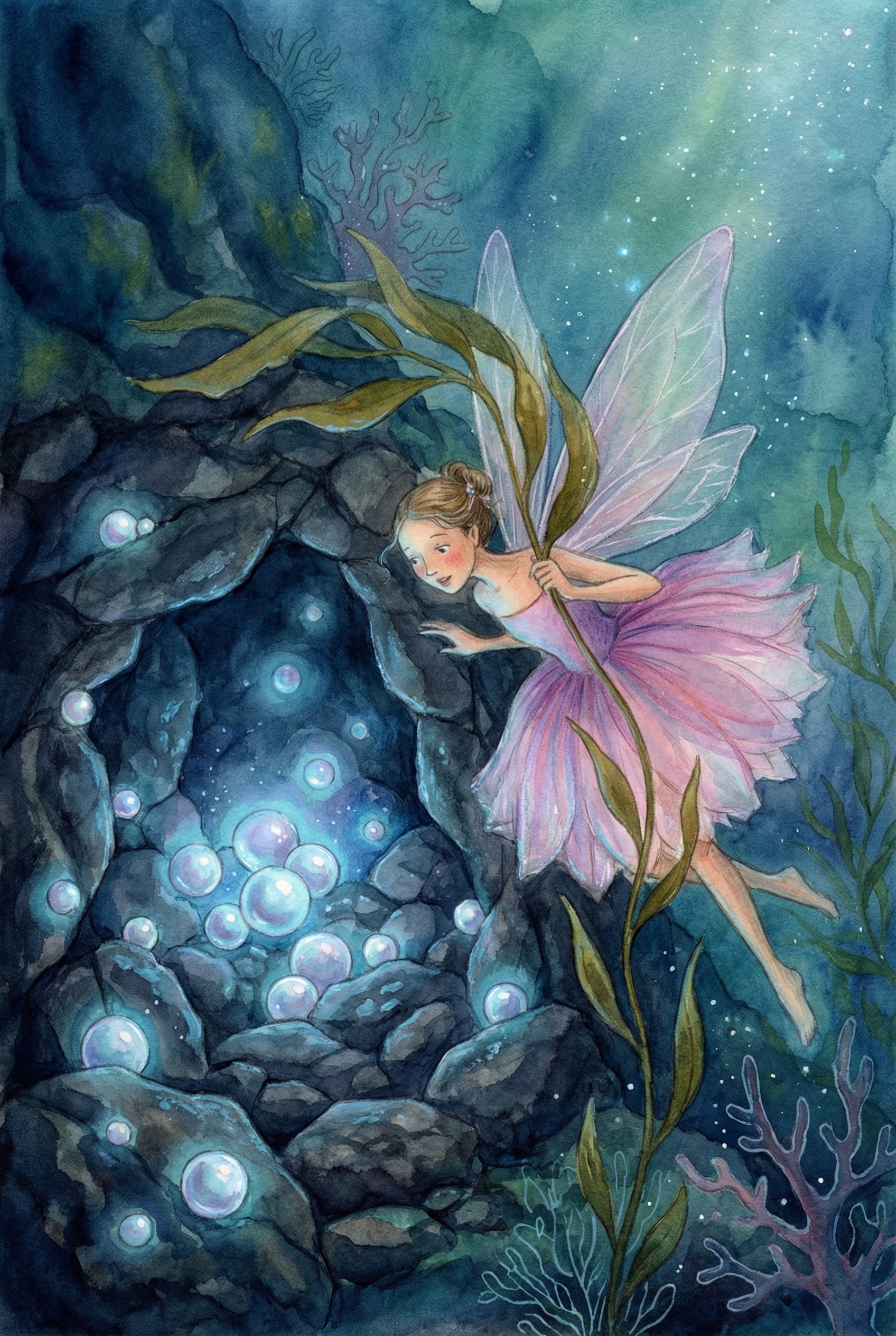 Underwater Fairy Explorer Wall Art - Luminous Ocean Cave