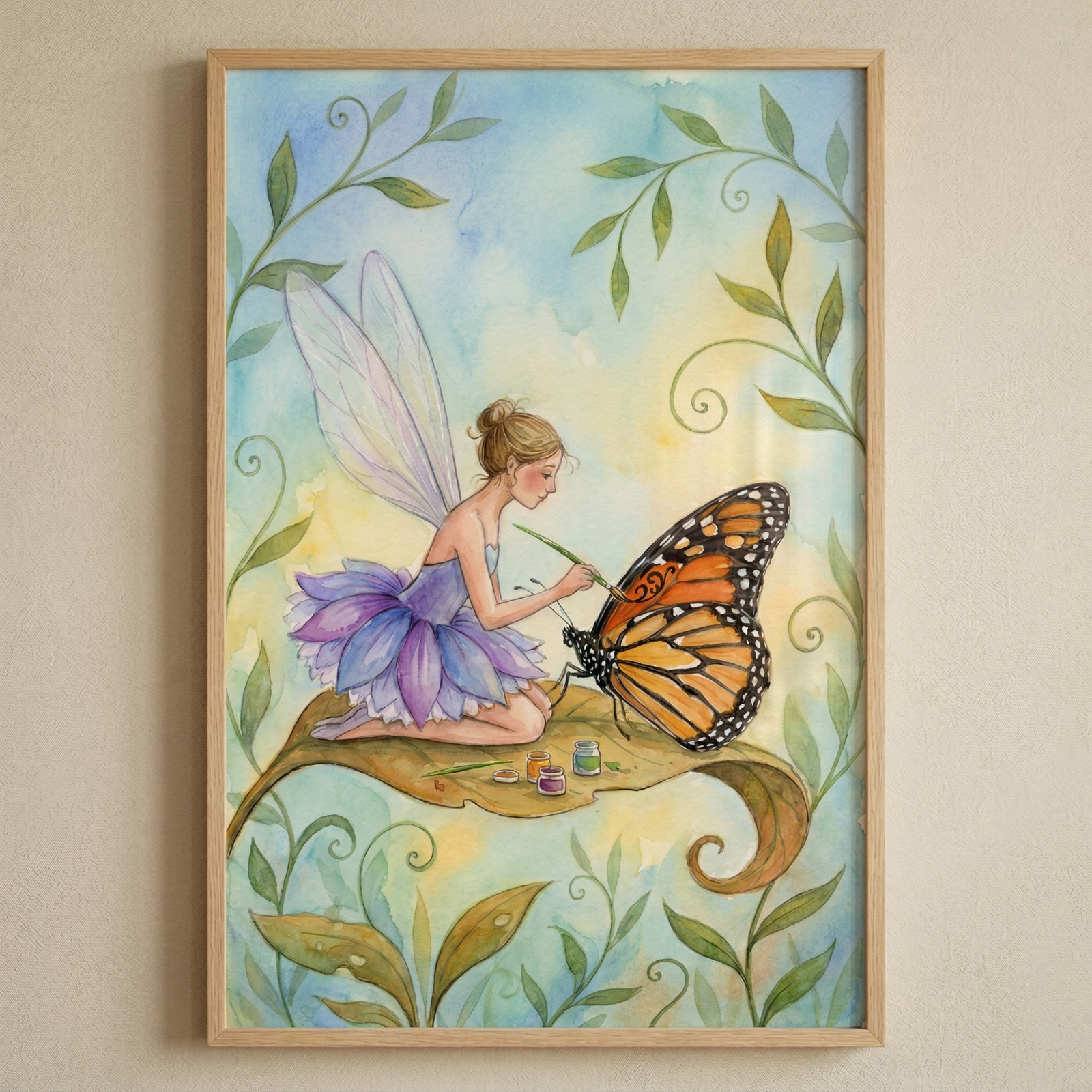 A framed watercolor-style illustration of a whimsical fairy with shimmering wings. She sits on a large, curled green leaf, delicately decorating the wing of a monarch butterfly with a fine brush. Small containers of colorful ink rest on the leaf near her. The scene is set against a soft, dreamy background of light blue and gold, surrounded by flowing, stylized green vines and leaves. The piece is housed in a light-colored wooden frame against a neutral-toned wall.