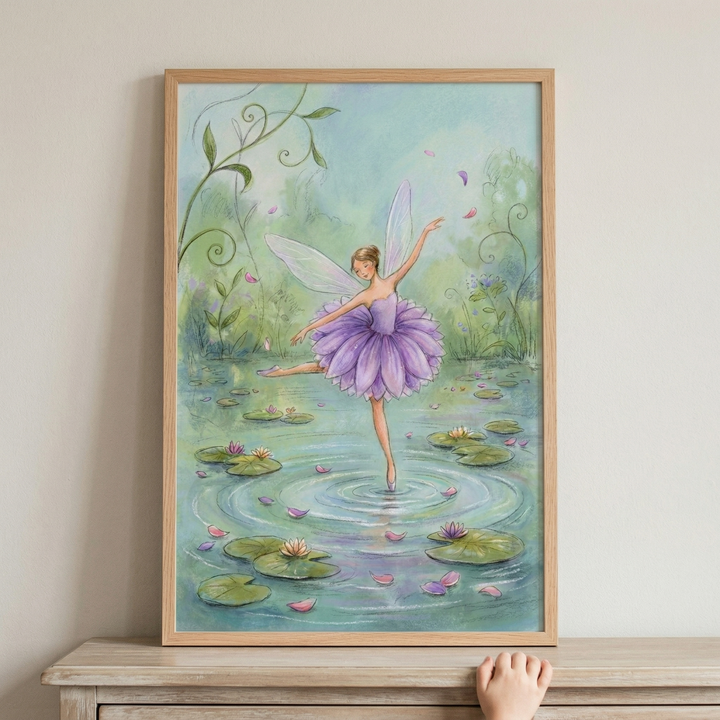 A whimsical illustration of a winged dancer poised in a ballet position on the surface of an enchanted pond. She wears a vibrant purple tutu shaped like flower petals and has delicate, translucent wings. One foot gently touches the water, creating ripples among lily pads and blooming water lilies. The background is filled with soft green foliage and floating pink petals. The artwork is housed in a light wood frame and displayed on a wooden surface.