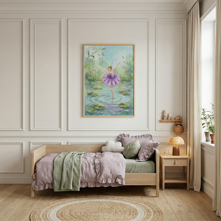 A cozy and whimsical child's bedroom featuring a light wood daybed with lavender ruffled linens and sage green accents. Above the bed, a large framed illustration depicts a fairy with purple wings dancing on a lily pad in a serene pond. To the right, a matching wooden nightstand holds a glowing mushroom-shaped lamp. The room is finished with elegant wall molding, a round woven jute rug, and light-filtering sheer curtains by a window with small plants.