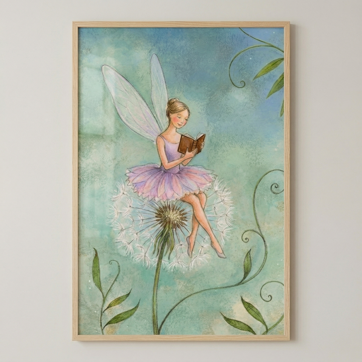 A vertical, whimsical piece of framed art features a small fairy sitting on top of a fluffy dandelion seed head. The fairy has light-colored skin, brownish-blonde hair pulled back into a bun, and two delicate, semi-transparent wings. She wears a lavender-colored dress with a ruffled skirt reminiscent of a tutu. Her legs are crossed at the ankles, and she is intently reading a small, open book she holds in both hands. 
