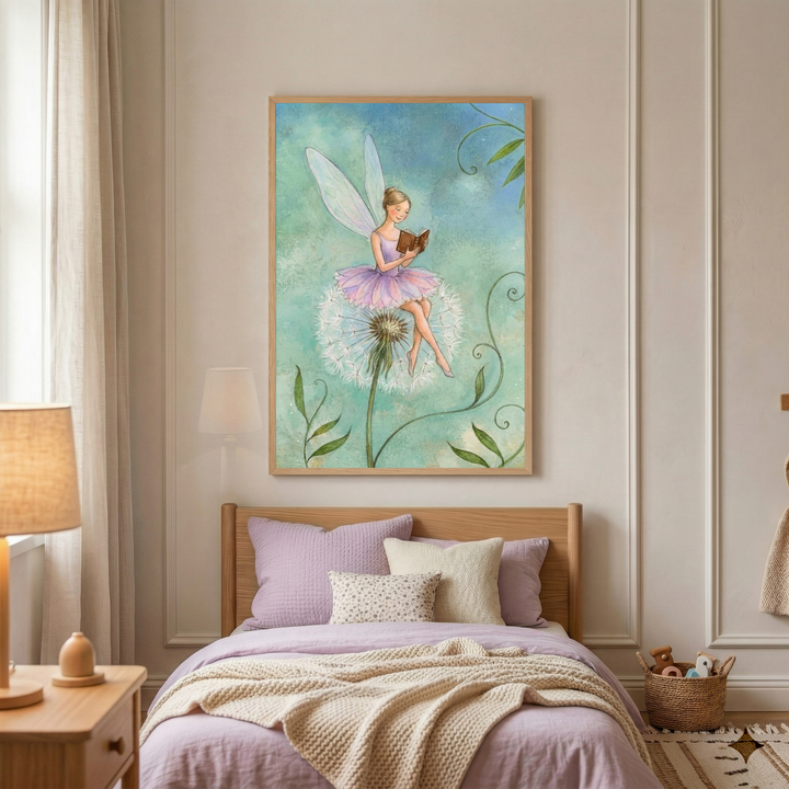 A cozy child's bedroom features a framed illustration centered above a wooden bed. The artwork depicts a delicate winged figure in a purple dress perched atop a large, white, fluffy seed head. Soft blue and green tones with delicate vine-like elements fill the background of the piece. The bed is dressed in lavender-colored bedding with several neutral and light purple throw pillows. A warm wooden nightstand with a lamp sits to the side, and a small woven basket of toys is placed on the floor.
