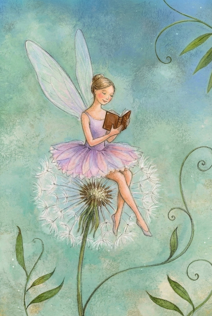 Whimsical wall art print of a fairy with translucent wings and a lavender petal dress sitting on a fluffy dandelion while reading a small brown book. Soft teal background with curling green vines gives the scene a dreamy storybook feel.
