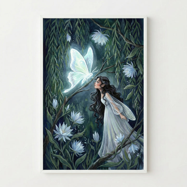 A framed vertical illustration of a young woman with long, dark, wavy hair and pointed ears, wearing a flowing, translucent white gown. She is looking up with an expression of wonder at a large, luminous, white butterfly resting on a tree branch. The scene is set in a dark, magical forest at night, surrounded by lush green willow leaves and several large, glowing, star-shaped white flowers. The light from the butterfly and flowers softly illuminates the scene, creating a whimsical and ethereal atmosphere.