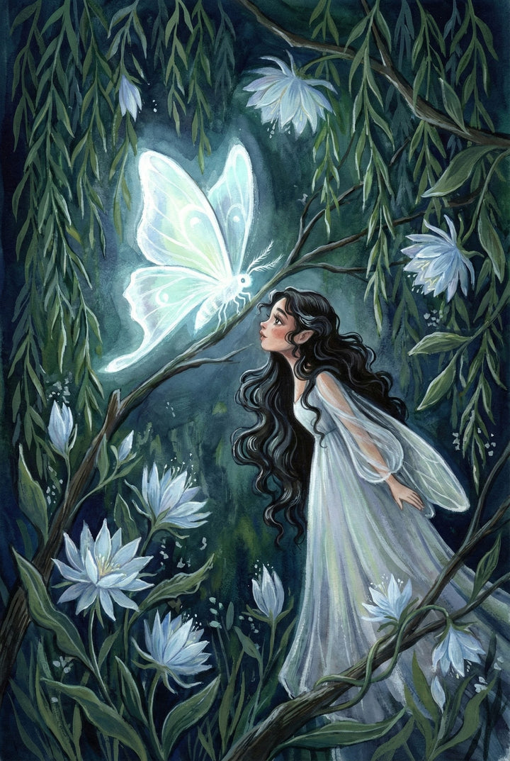 A glowing butterfly hovers in front of a curious fairy with silver wings and flowing hair, surrounded by moonlit white flowers and hanging willow branches.